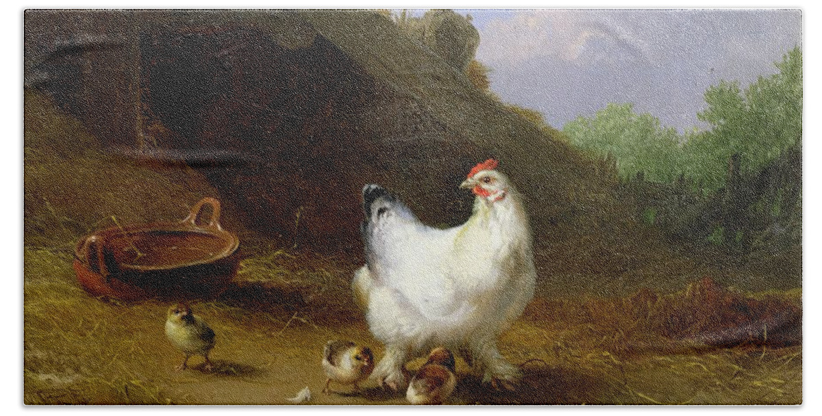 Hen Hand Towel featuring the painting A hen with her chicks by Eugene Joseph Verboeckhoven