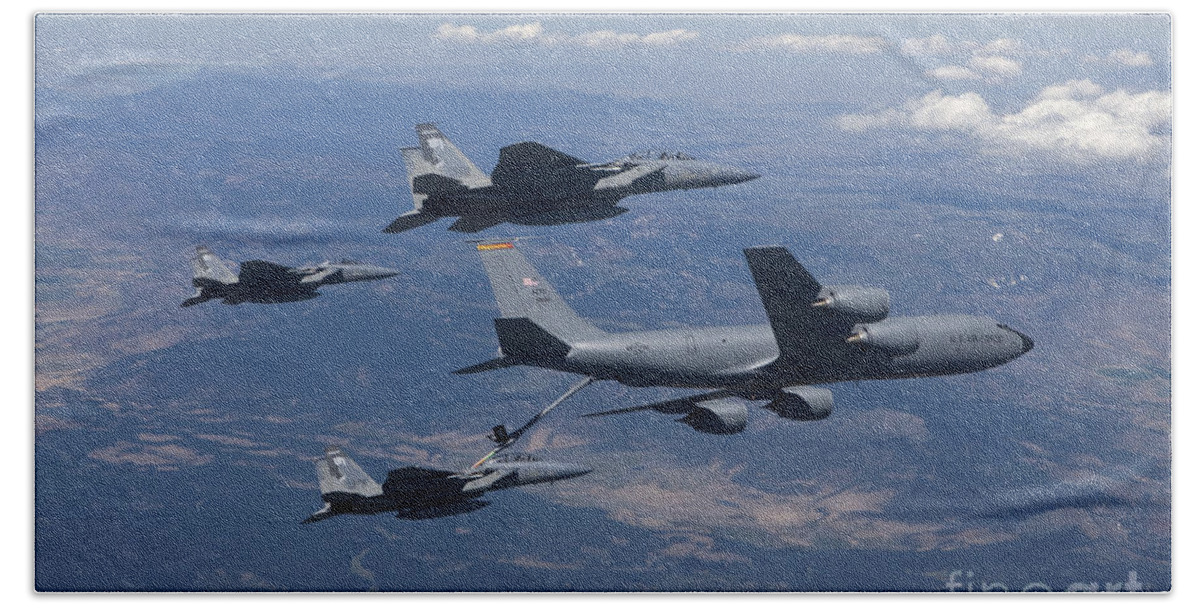 Color Image Bath Towel featuring the photograph A Kc-135r Stratotanker Refuels Three by HIGH-G Productions