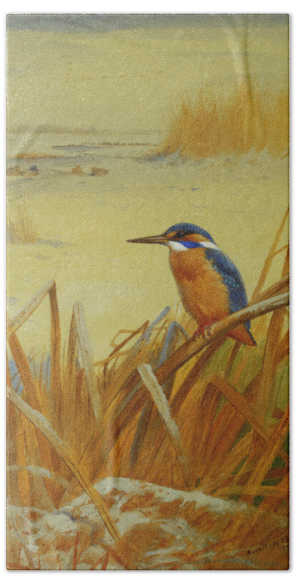Kingfisher Hand Towel featuring the painting A Kingfisher Amongst Reeds in Winter by Archibald Thorburn