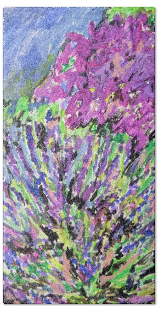 A Lavender Floral Hand Towel featuring the painting A Lavender Floral by Esther Newman-Cohen
