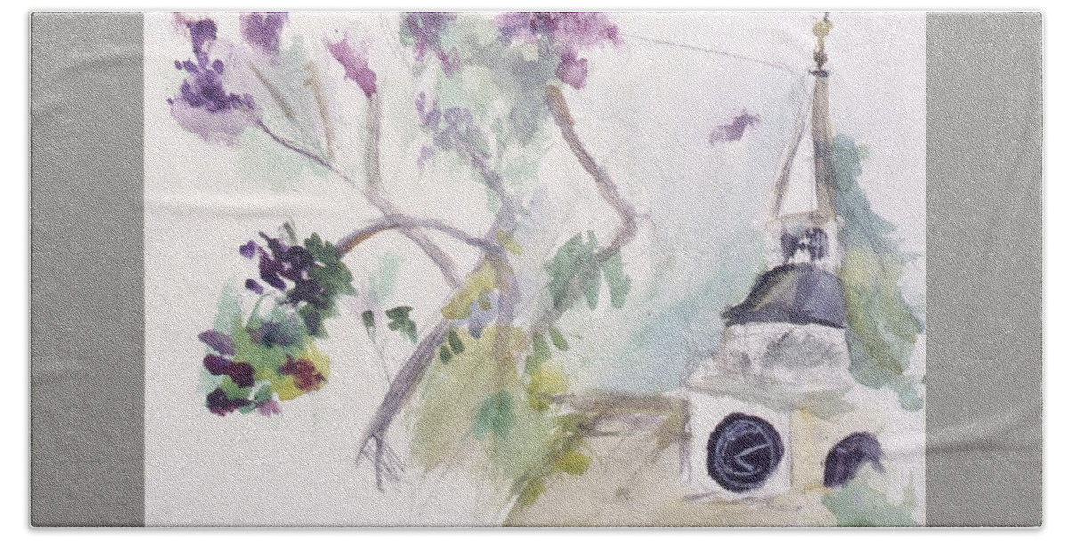 Watercolor Bath Towel featuring the painting A Lilac After All by Andrea Goldsmith