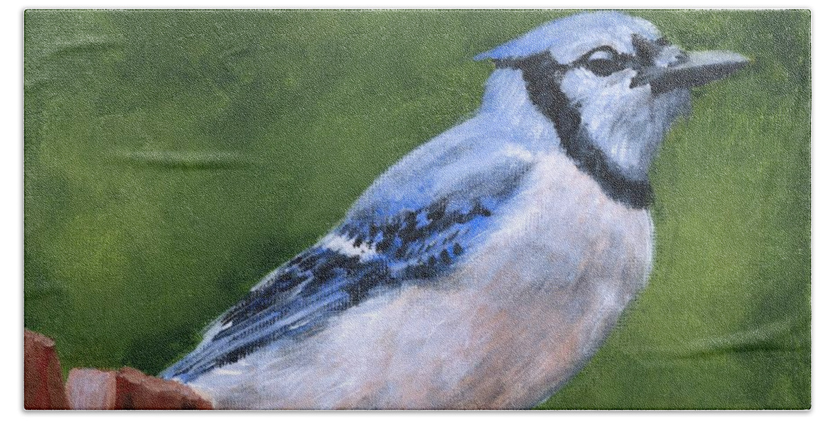 Blue Jay Bath Towel featuring the painting A Little Piece of Sky by Brandy Woods