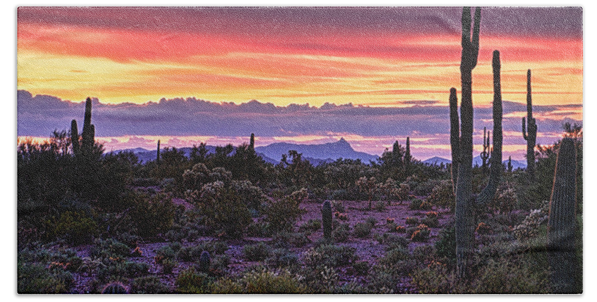 Saguaro Sunrise Bath Towel featuring the photograph A Magical Desert Morning by Saija Lehtonen