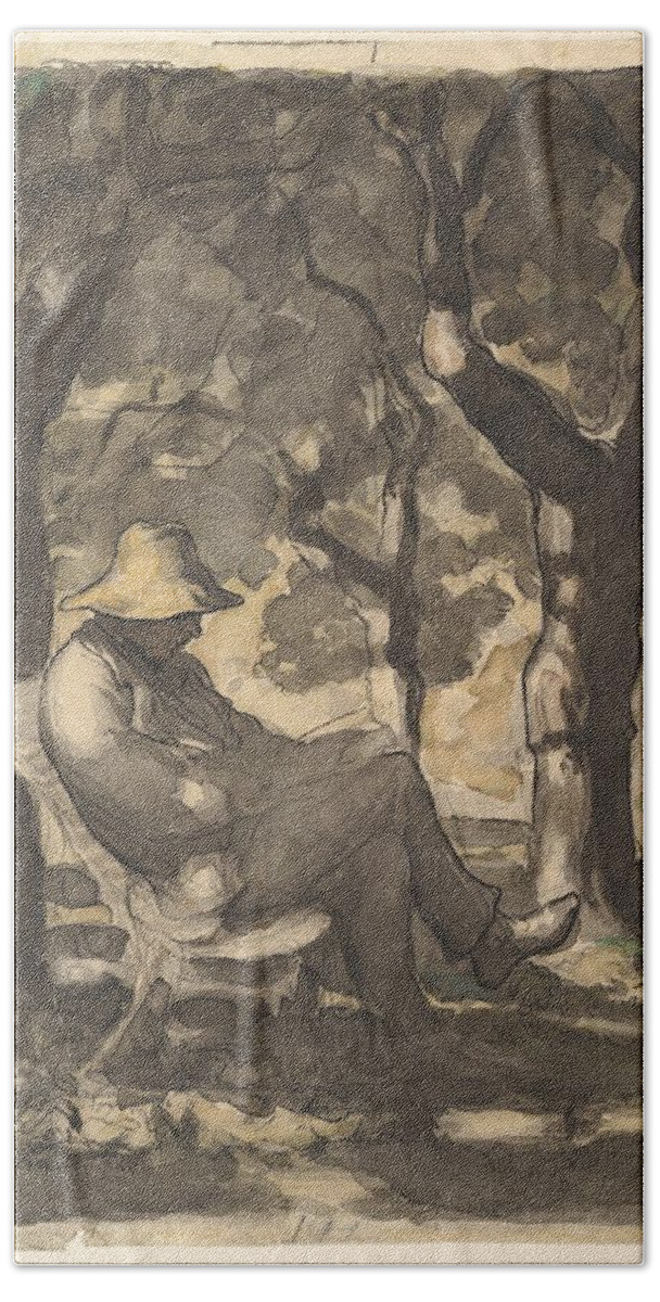 A Man Reading In A Garden Bath Towel featuring the painting A Man Reading in a Garden by MotionAge Designs