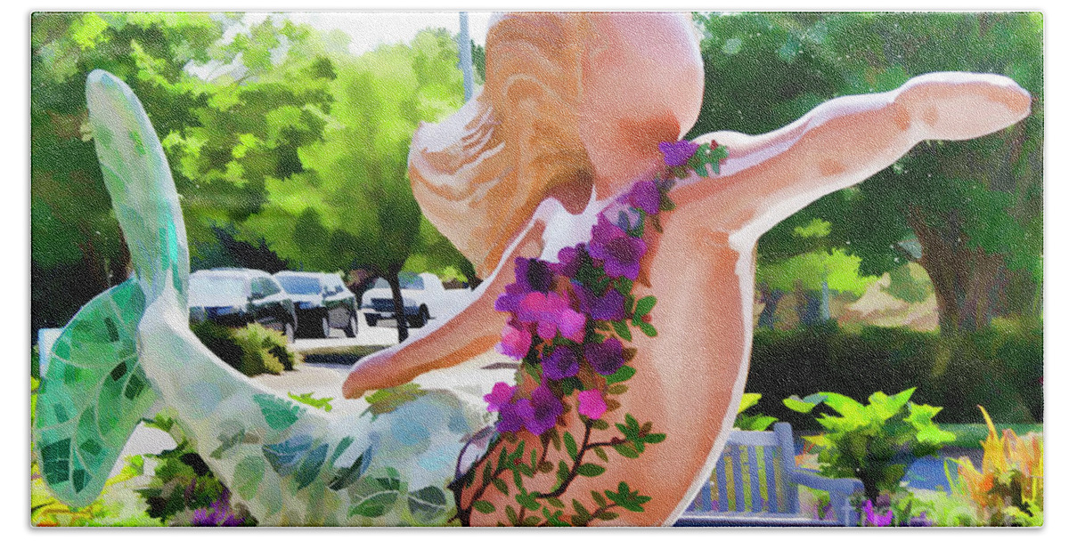 Mermaid Hand Towel featuring the painting A Mermaid In A Norfolk Botanical Gardens 5 by Jeelan Clark