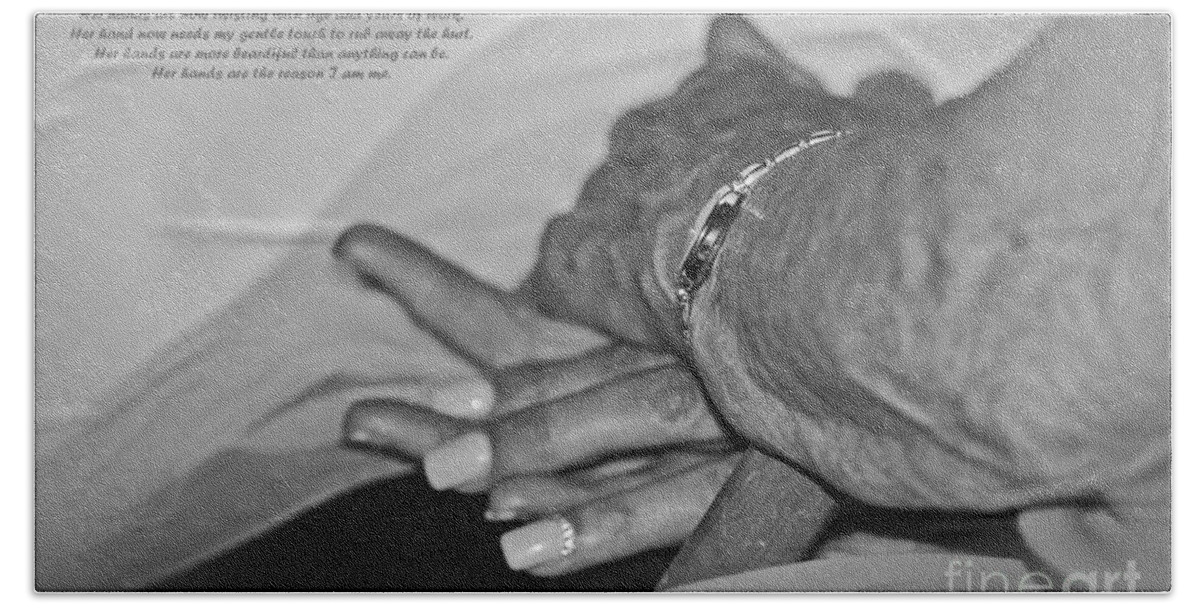 Mother And Child Bath Towel featuring the photograph A Mother's Hand monochrome by Terri Waters