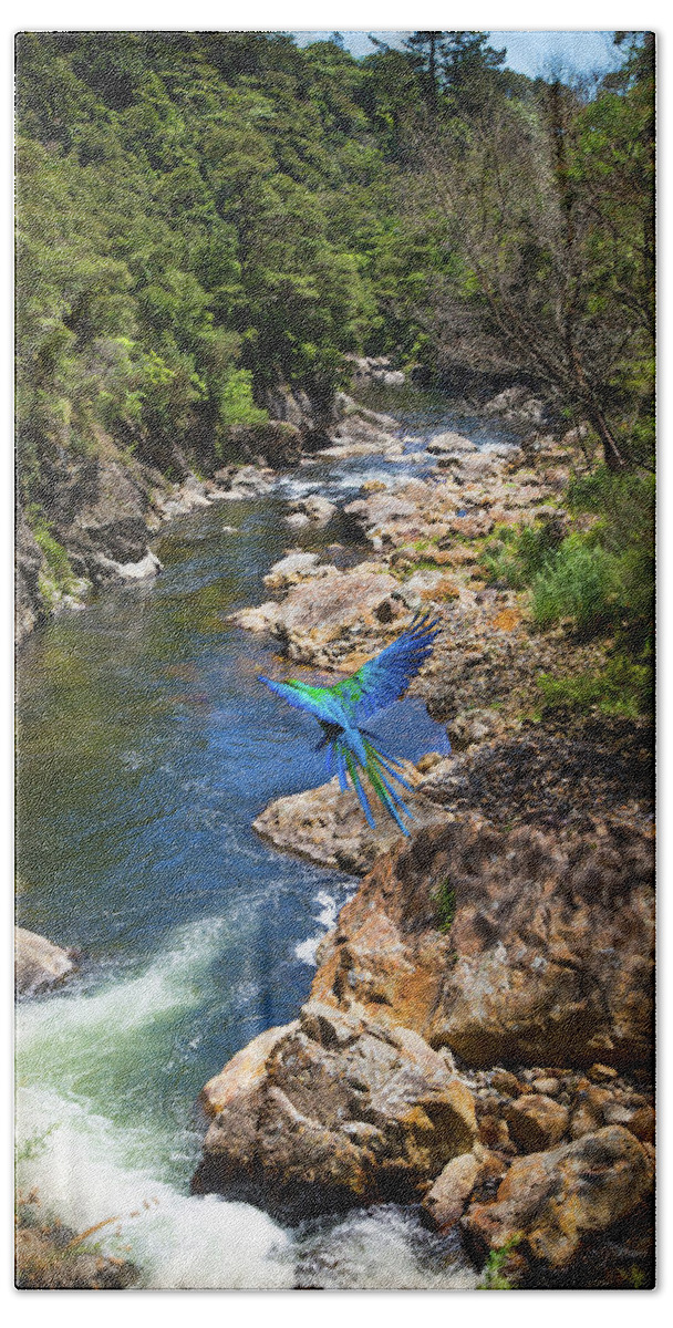 Karangahake Gorge Bath Towel featuring the photograph A Parrot in a New Zealand Gorge by Kathryn McBride