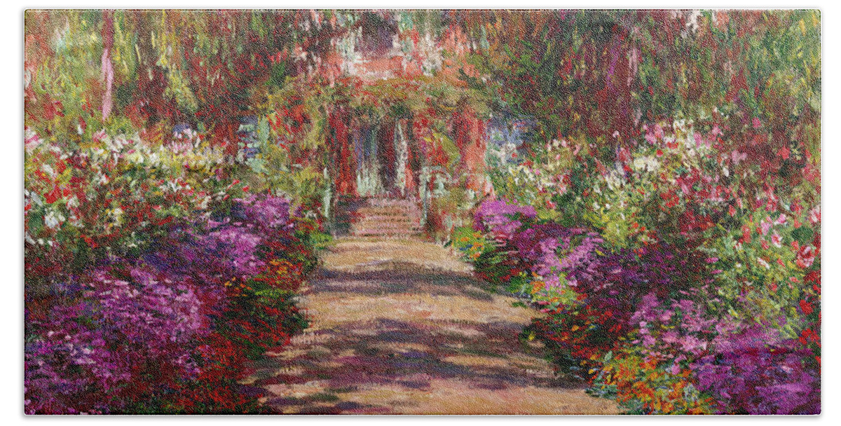 Pathway Hand Towel featuring the painting A Pathway in Monets Garden Giverny by Claude Monet