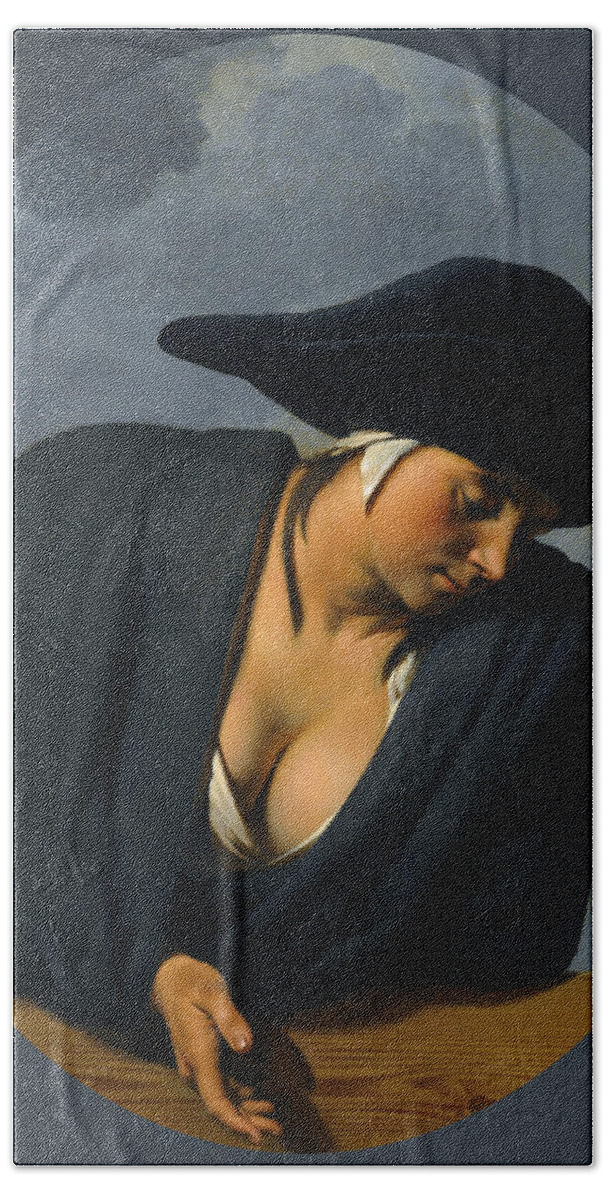 Caesar Van Everdingen Bath Towel featuring the painting A peasant woman wearing a black hat leaning on a wooden ledge by Caesar van Everdingen