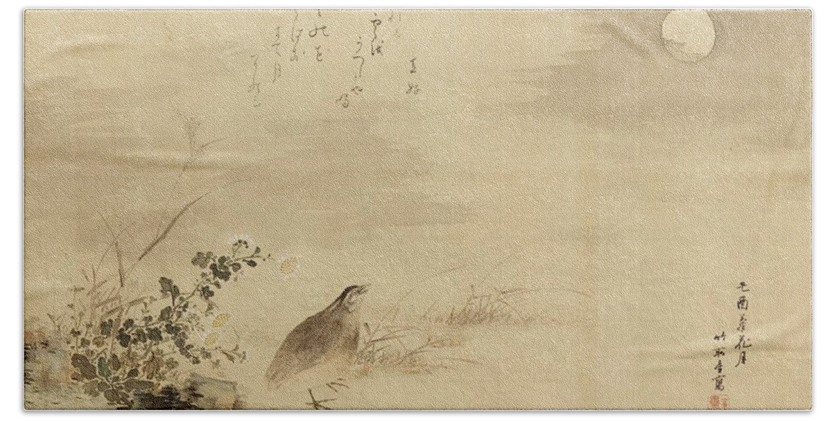 A Large Hanging Scroll By An Unidentified Painter Hand Towel featuring the painting A Quail In An Autumnal Field With A Full Moon And A Tanka Poem 1909 by Eastern Accents