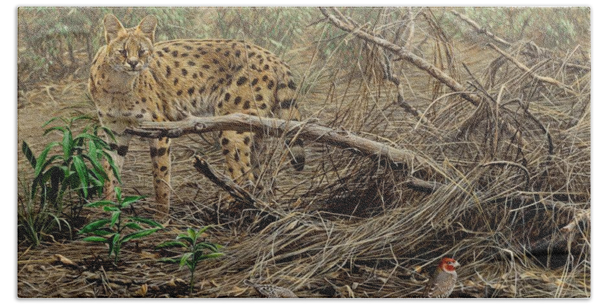 Serval Hand Towel featuring the painting A Quiet Approach by Alan M Hunt