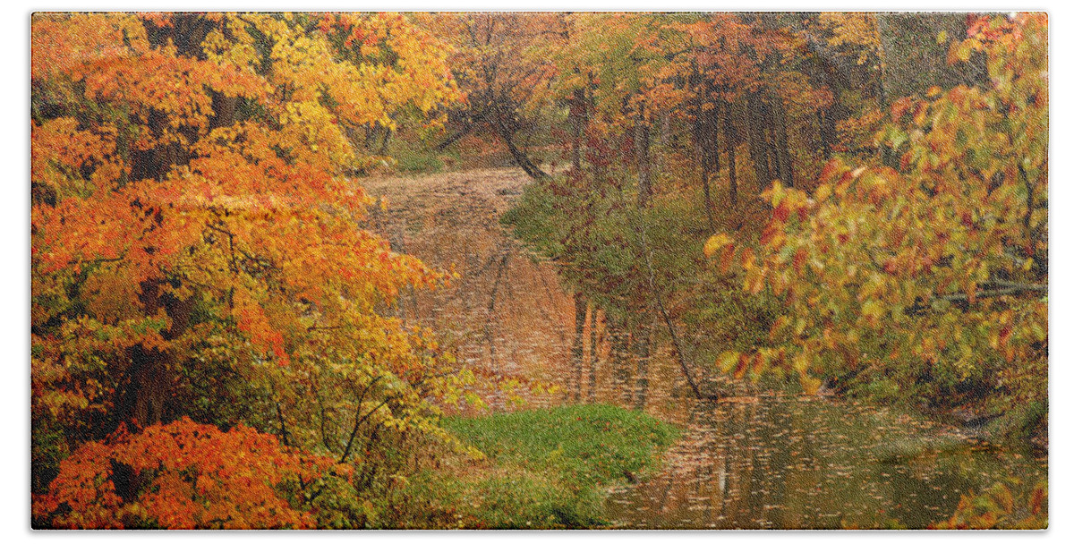 Autumn Bath Towel featuring the photograph A Quiet River in Fall by Linda McRae