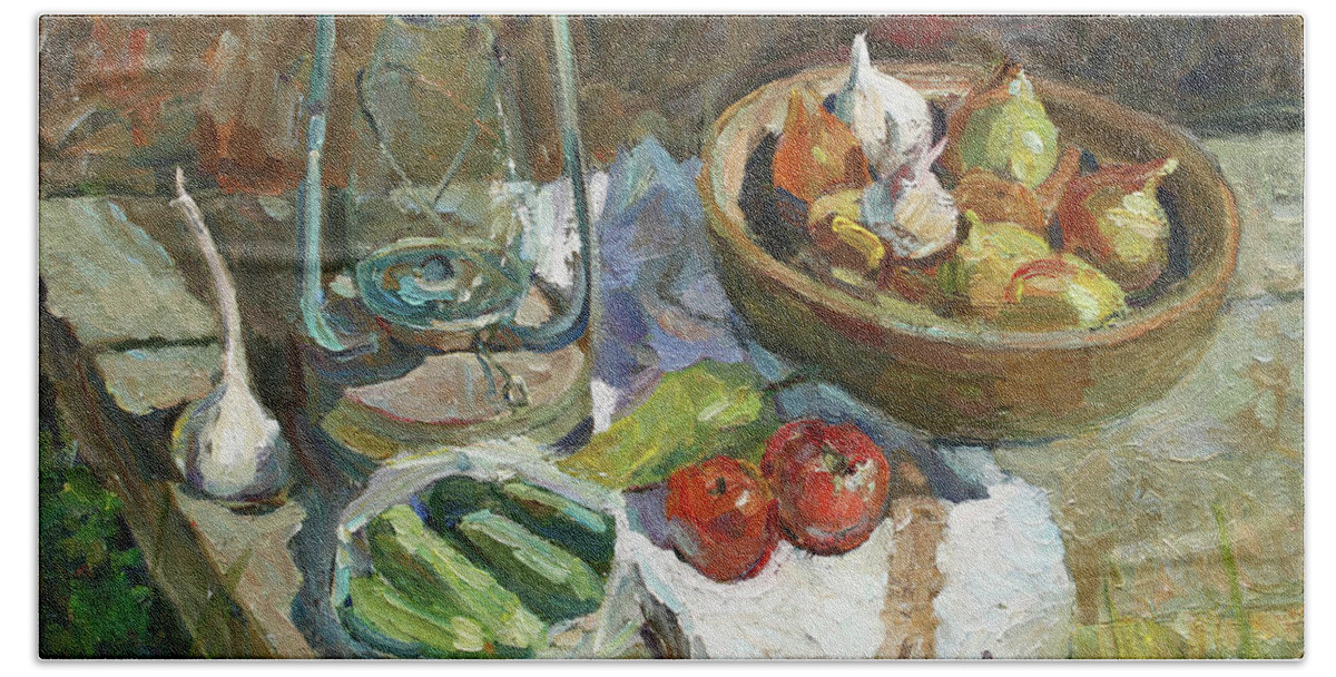 Paraffin Stove Bath Towel featuring the painting A rustic still life by Juliya Zhukova