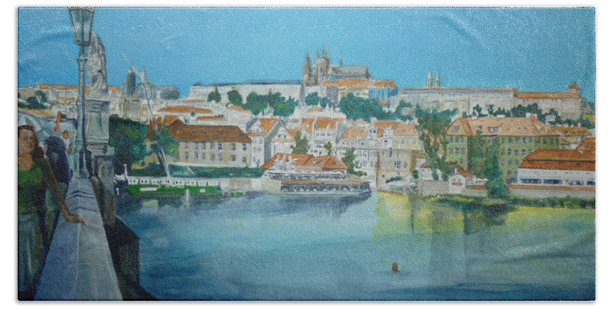 Prague Bath Towel featuring the painting A Scene in Prague 3 by Bryan Bustard