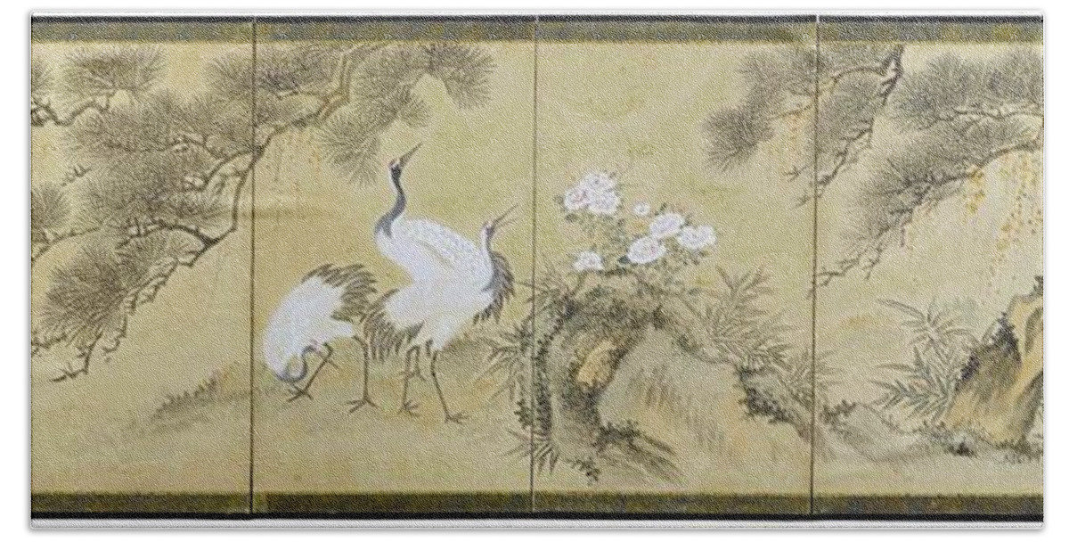 A Sixfold Screen Painted With Cranes Bath Towel featuring the painting A Sixfold Screen Painted With Cranes, Pine Trees And Peonies by Eastern Accents