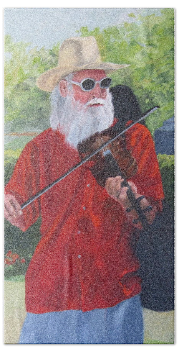 Slim Hand Towel featuring the painting A Slim Fiddler for Peace by Connie Schaertl