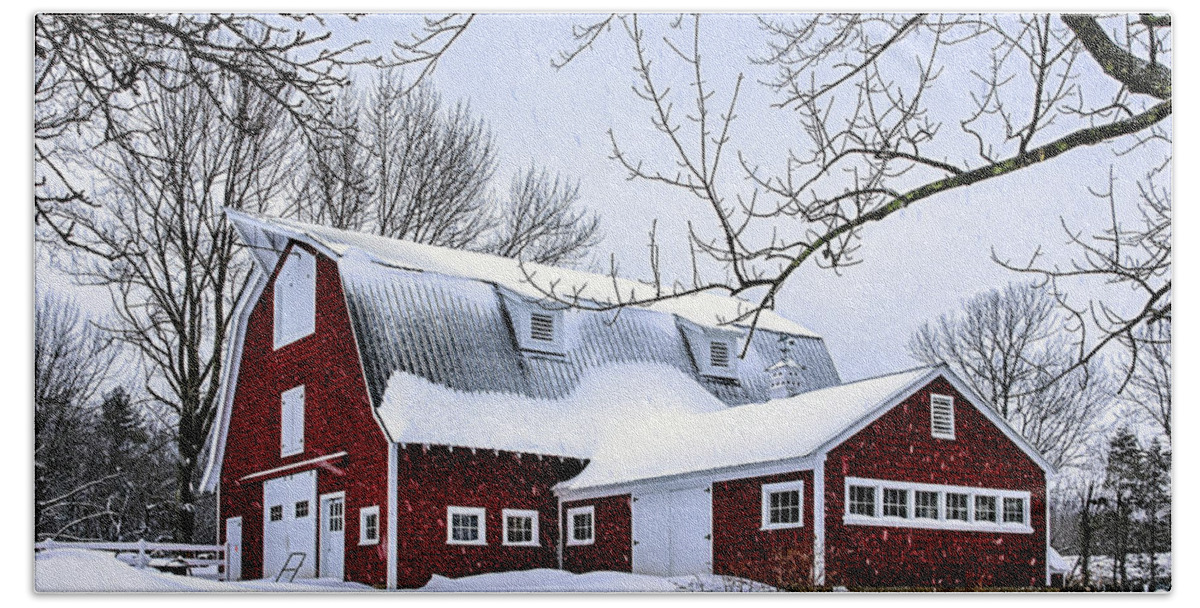 Snow Bath Towel featuring the photograph A Snowy Day at Grey Ledge Farm by Betty Denise