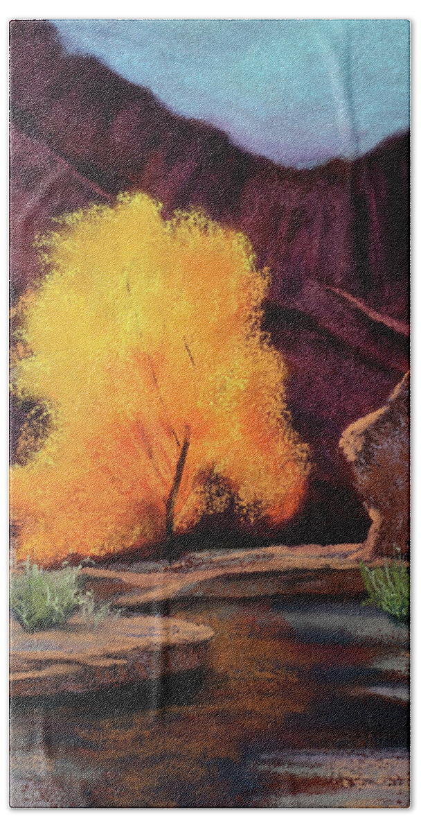 Autumn Bath Towel featuring the painting A Splash of Gold by Sandi Snead