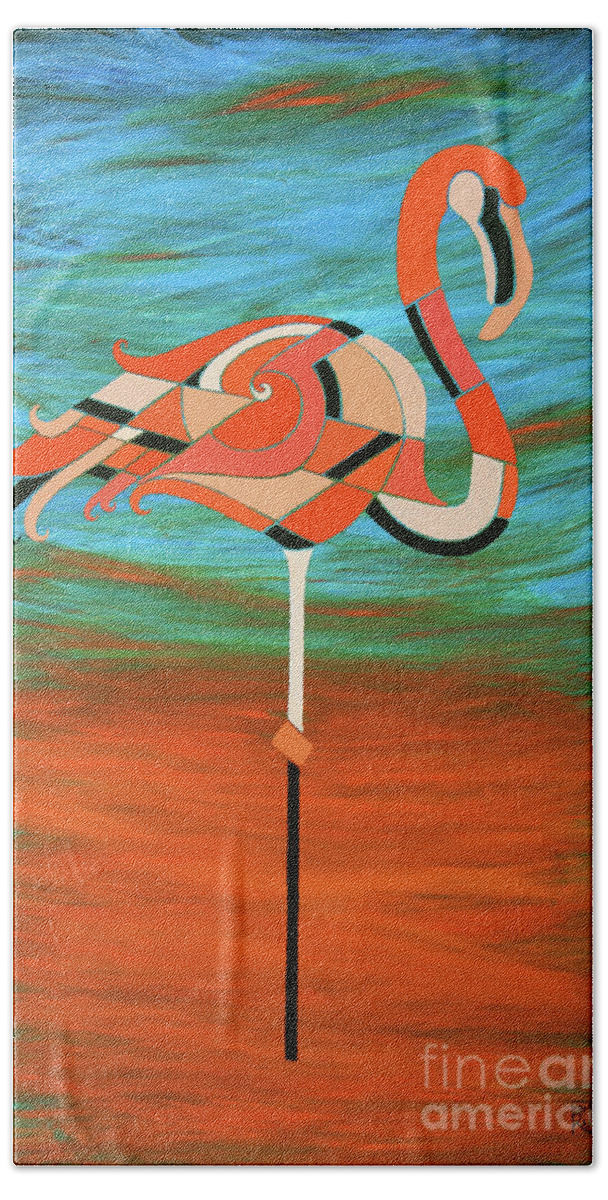 Flamingo Painting Bath Towel featuring the painting A Straight Up Flamingo by Barbara Rush