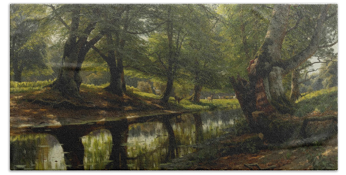 19th Century Art Bath Towel featuring the painting A Stream through the Valley, Deer in the Distance by Peder Monsted