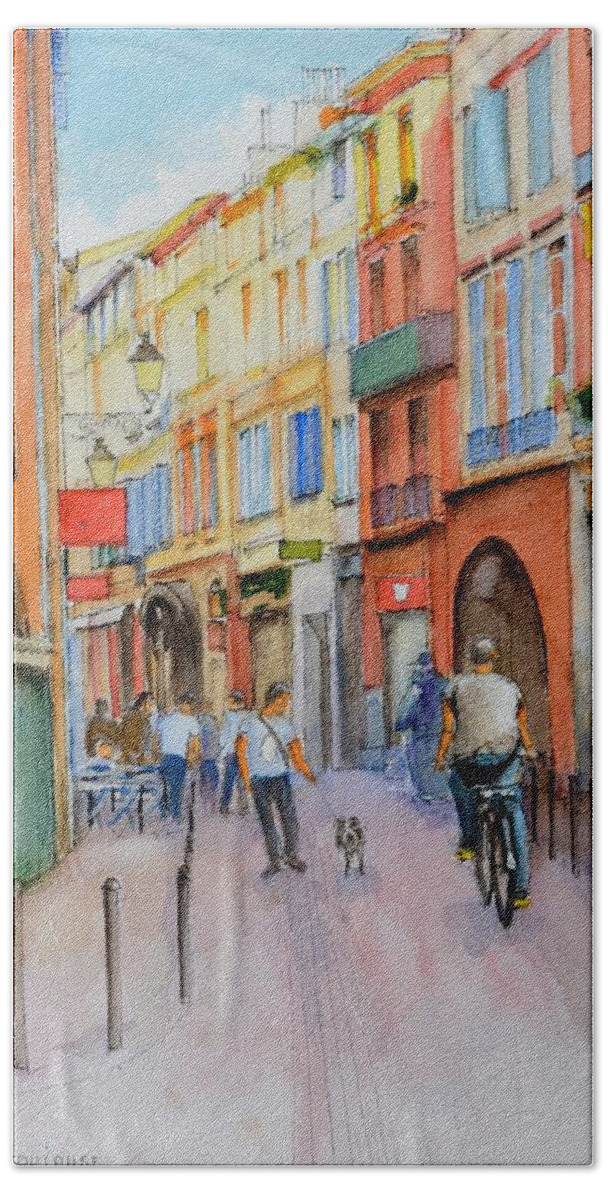 Old Town Bath Towel featuring the painting A street in the old town of Toulouse in France by Dai Wynn