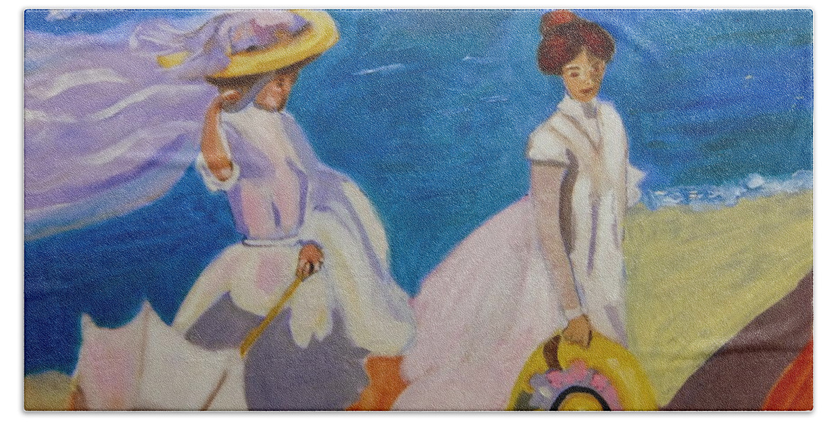Spanish Impressionism Bath Towel featuring the painting A stroll on the beach  by Rusty Gladdish
