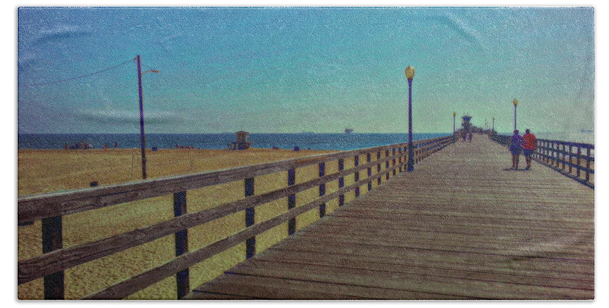 Seal Beach Bath Sheet featuring the photograph A Stroll on the Pier by Diana Haronis
