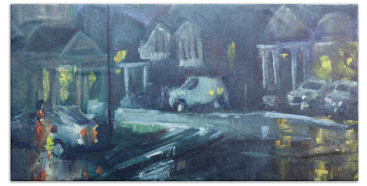  Summer Hand Towel featuring the painting A Summer Rainy Night by Ylli Haruni
