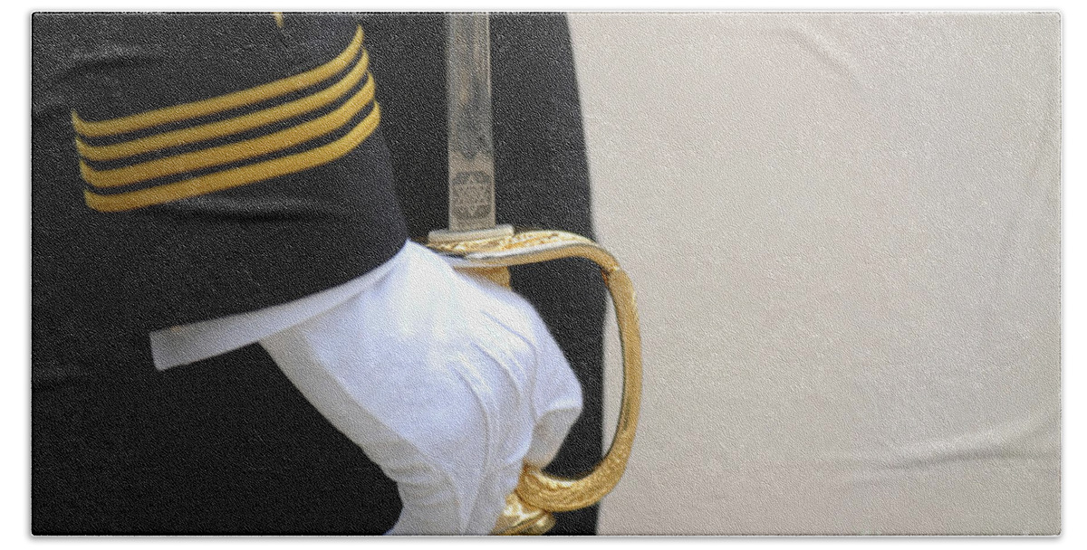 Naval Academy Bath Towel featuring the photograph A U.s. Naval Academy Midshipman Stands by Stocktrek Images