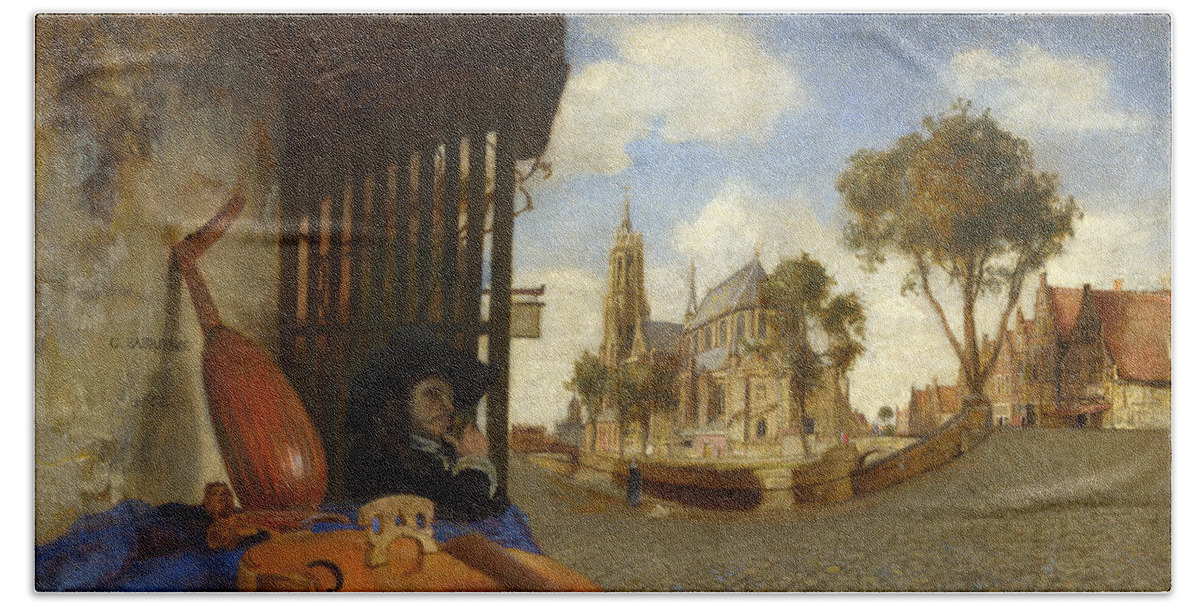 Carel Fabritius Hand Towel featuring the painting A View of Delft with a Musical Instrument Seller's Stall by Carel Fabritius