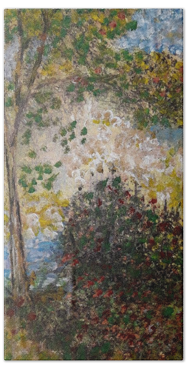Giverney Hand Towel featuring the painting A view of Les Jardin de Giverney near Paris by Sam Shaker