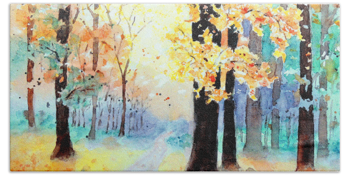 Autumn Hand Towel featuring the painting A Walk in the Woods by Jerry Fair