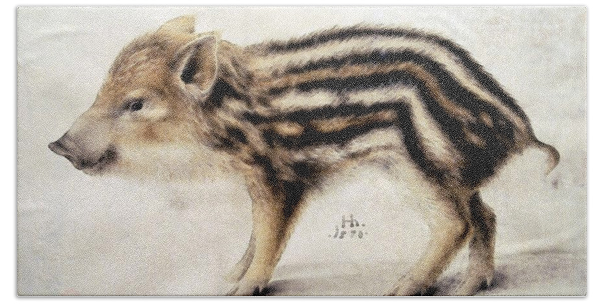 Hans Hoffmann Hand Towel featuring the painting A Wild Boar Piglet by Hans Hoffmann