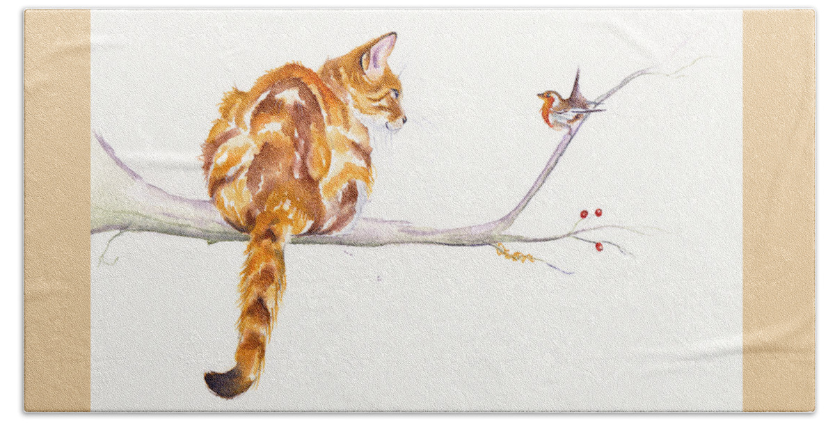Tabby Hand Towel featuring the painting A Winter Meeting - Ginger Cat by Debra Hall