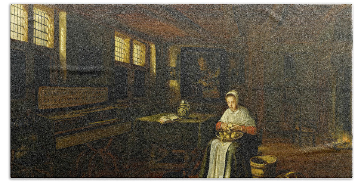 Govert Dircksz Camphuysen Bath Towel featuring the painting A Woman in an Interior peeling Vegetables by Govert Dircksz Camphuysen