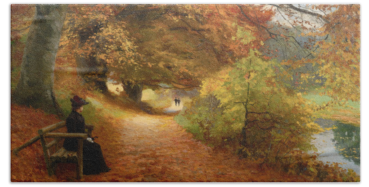 Painting Bath Towel featuring the painting A Wooded Path In Autumn by Mountain Dreams