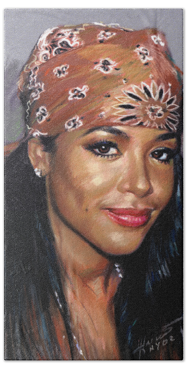 Aaliyah Dana Haughton Hand Towel featuring the pastel Aaliyah Dana Haughton by Ylli Haruni
