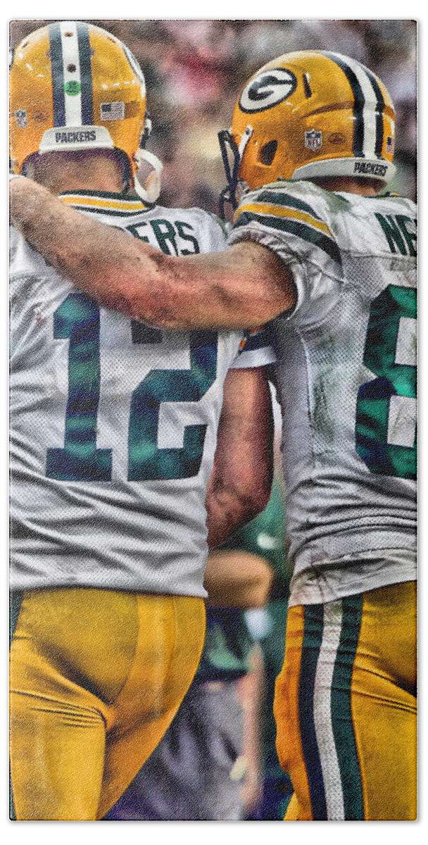 Aaron Rodgers Hand Towel featuring the painting Aaron Rodgers Jordy Nelson Green Bay Packers Art by Joe Hamilton