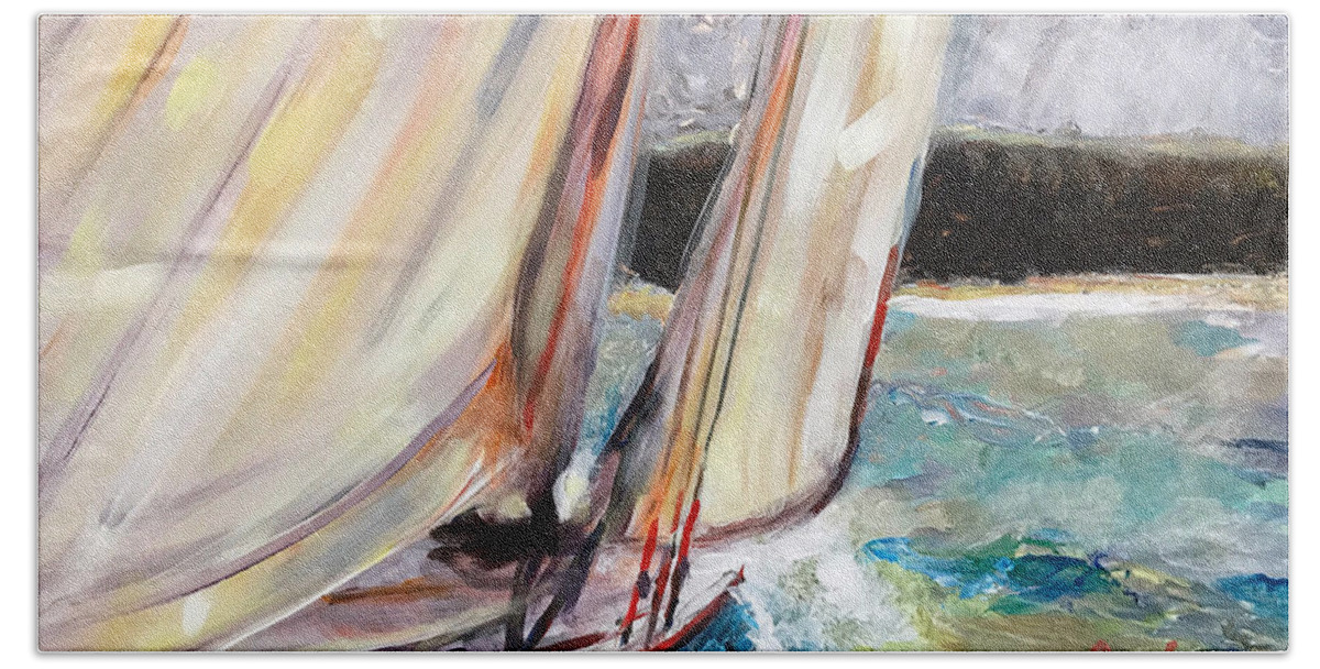 Abaco Hand Towel featuring the painting Abaco Dinghy Race II by Josef Kelly