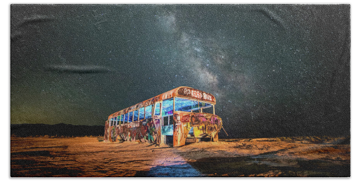 Milky Way Hand Towel featuring the photograph Abandoned Bus under the Milky Way by James Udall