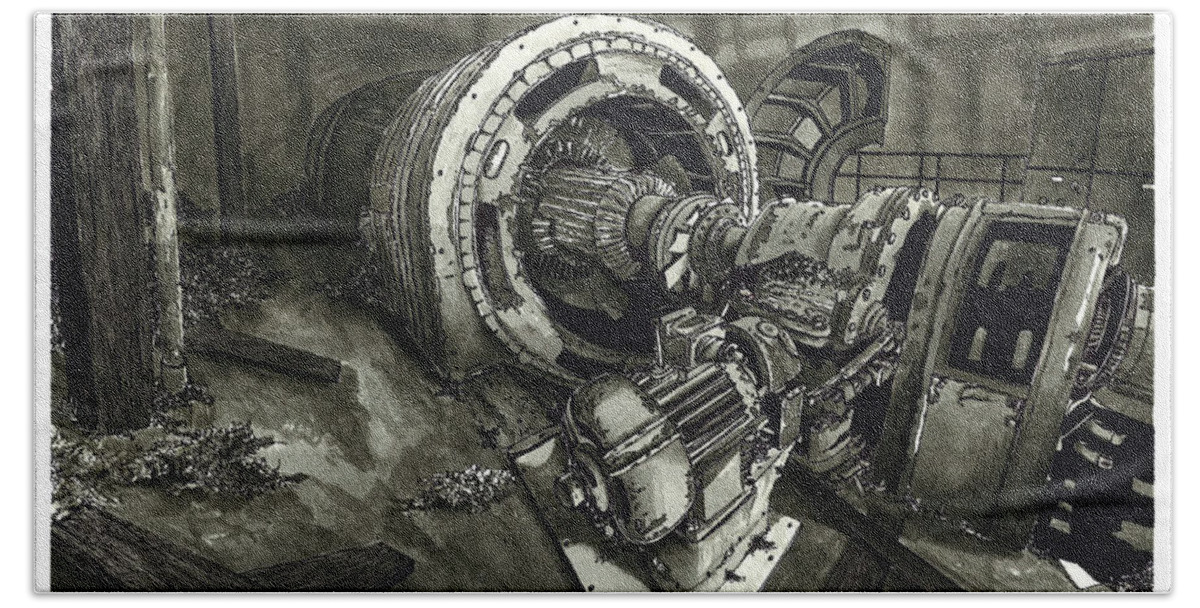 Pen And Ink Bath Towel featuring the drawing Abandoned Machinery by Jonathan Baldock