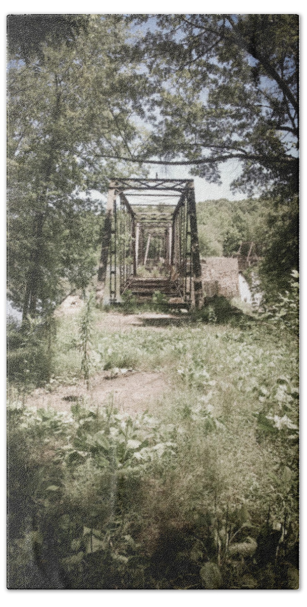 Kelly Hazel Bath Towel featuring the photograph Abandoned Railroad Trestle Bridge in Vintage Oil Colorization by Kelly Hazel