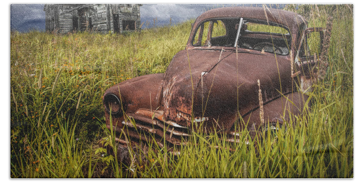 Automobile Bath Towel featuring the photograph Abandoned Vintage Car and Farm Homestead by Randall Nyhof