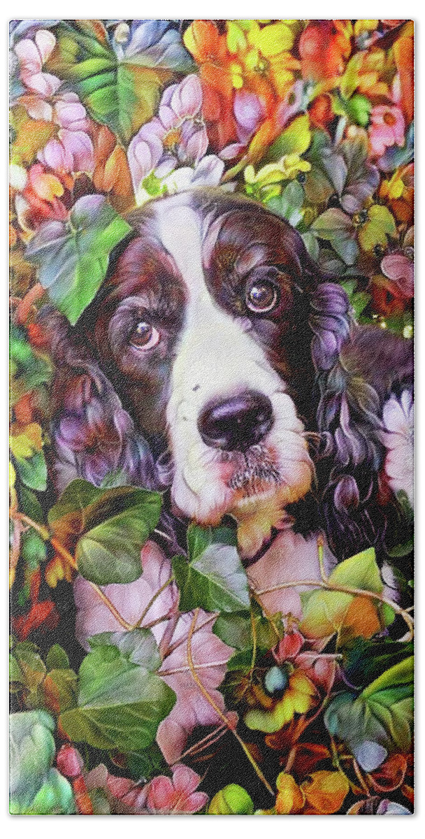 English Springer Spaniel Bath Towel featuring the mixed media Abbi the Bench English Springer Spaniel by Peggy Collins