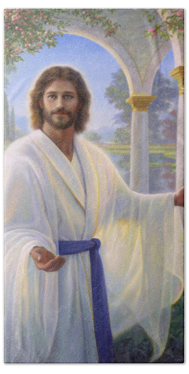 Jesus Hand Towel featuring the painting Abide With Me by Greg Olsen
