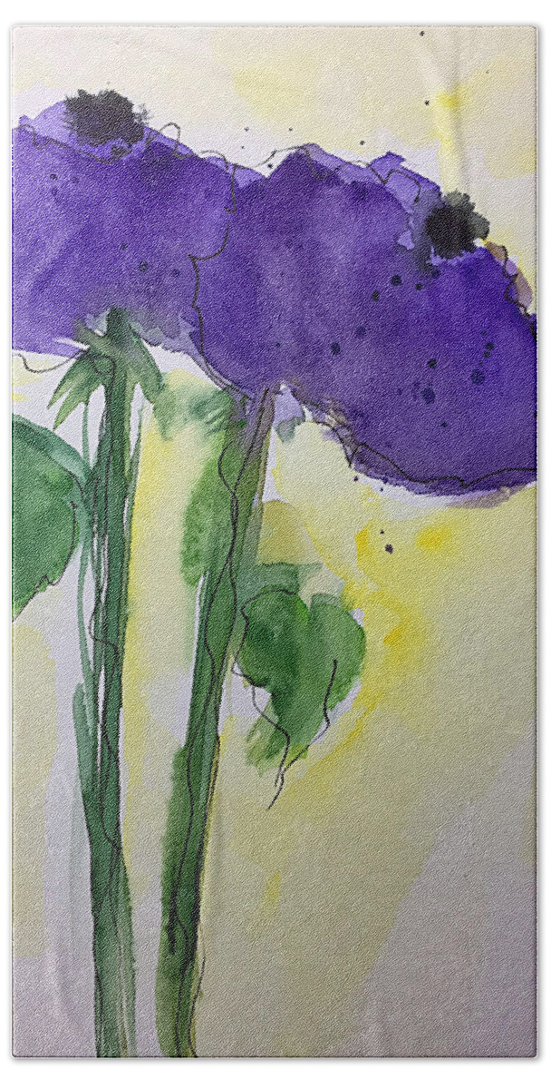 Purple Flowers Bath Towel featuring the painting Abstract 2 Purple Flowers by Britta Zehm