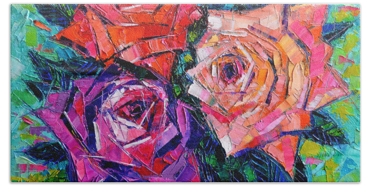 Abstract Bouquet Of Roses Hand Towel featuring the painting Abstract Bouquet Of Roses by Mona Edulesco