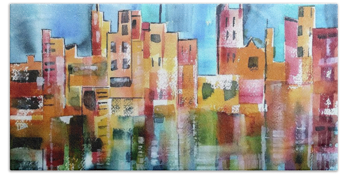 Abstract Hand Towel featuring the painting Abstract City Scape Reflections by Debbie Lewis