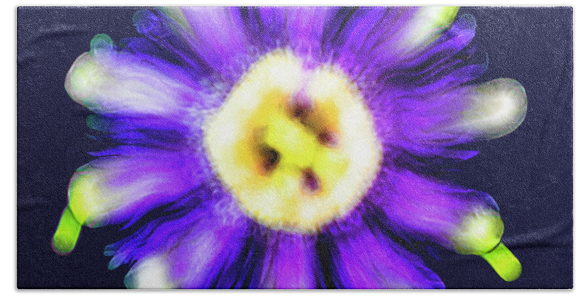 Abstract Bath Towel featuring the photograph Abstract Passion Flower in Violet Blue and Green 002b by Ricardos Creations