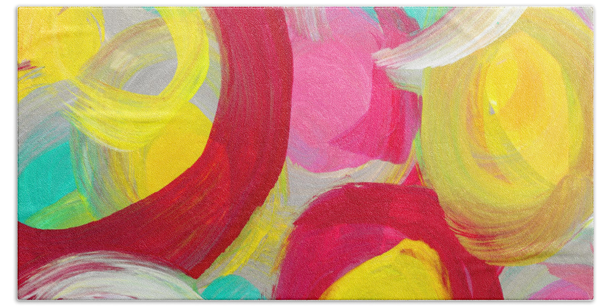 Floral Bath Towel featuring the painting Abstract Rose Garden in the Morning Light 1 by Amy Vangsgard